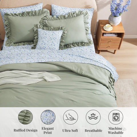 BLOOMHAVEN bedroom setup showcases soft, inviting ambience with the seven piece set.