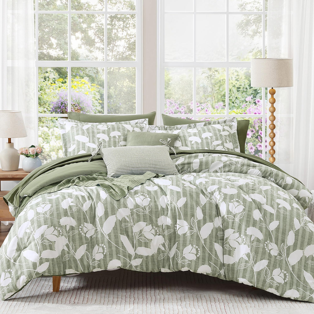 BLOOMHAVEN queen comforter with delphine floral print on sage green bedding for year-round comfort