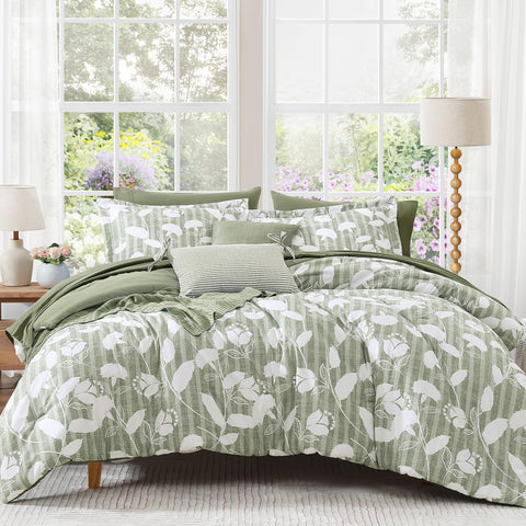 BLOOMHAVEN queen comforter with delphine floral print on sage green bedding for year-round comfort