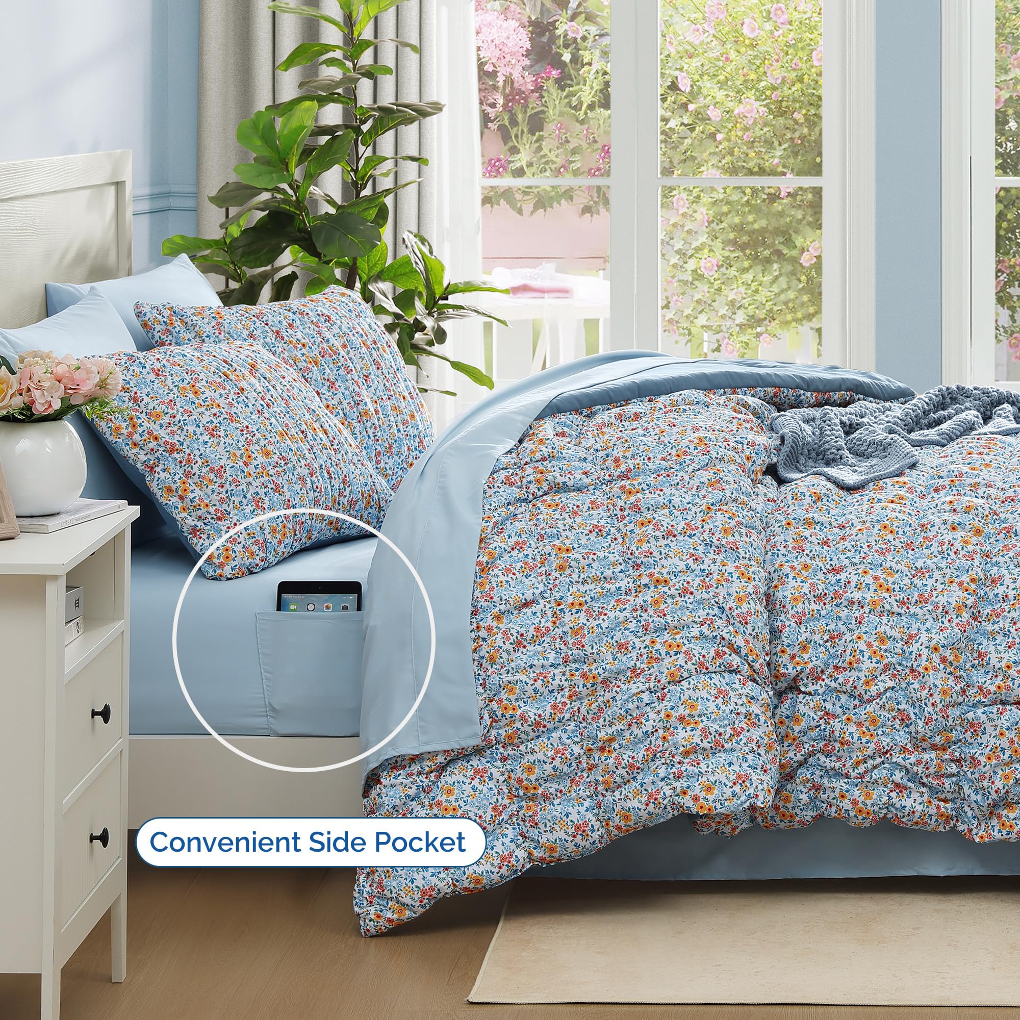 BLOOMHAVEN queen fitted sheet blue offers secure fit and warmth.