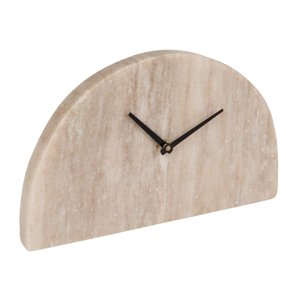 Bloomingville decorative half-moon marble mantel clock in beige and black, on a mantel.