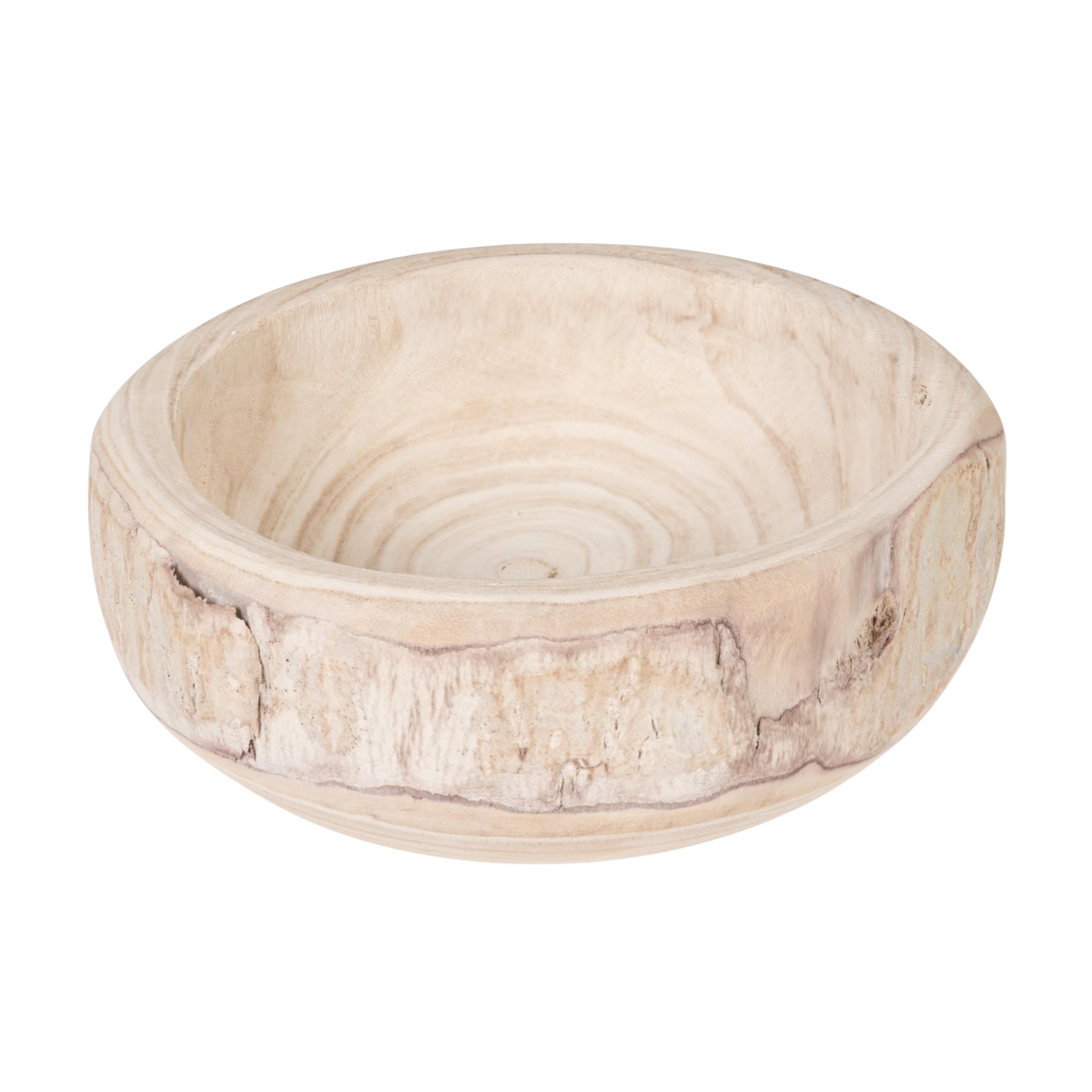 Bloomingville Paulownia wood bowl in whitewashed finish, ideal decorative centerpiece for shelves and coffee tables.