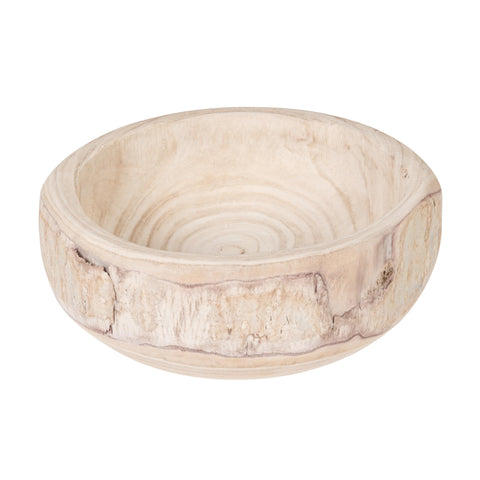 Bloomingville Paulownia wood bowl in whitewashed finish, ideal decorative centerpiece for shelves and coffee tables.