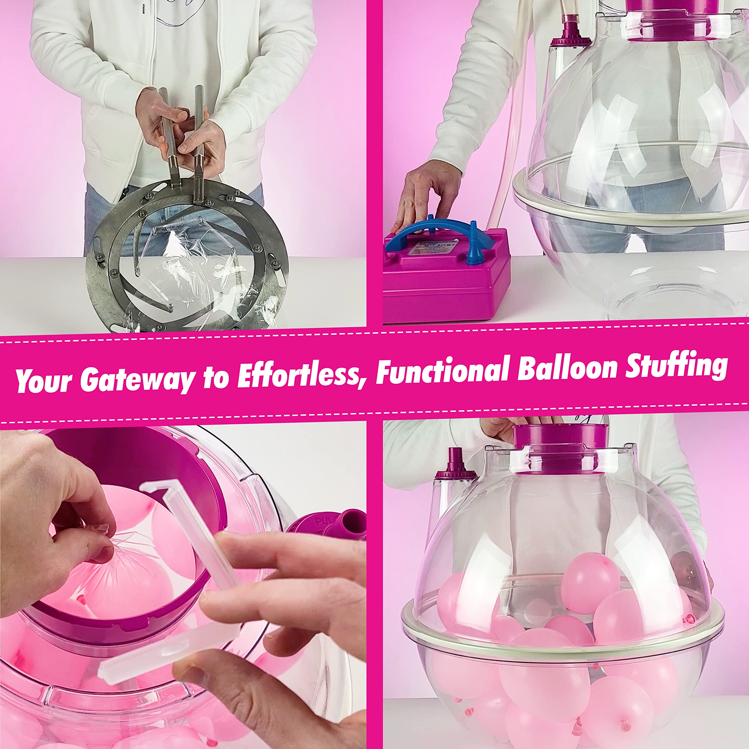 BLOONSY Balloon Stuffing Machine side view showing 17-inch diameter capacity