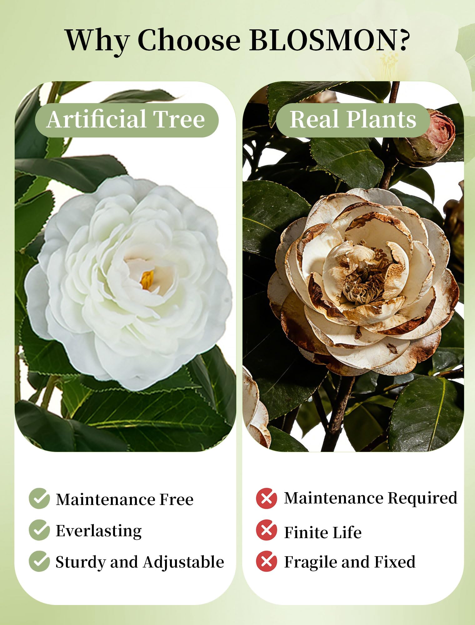 BLOSMON white camellia blossoms detail highlights lifelike petals for realistic look.