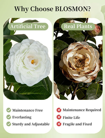BLOSMON white camellia blossoms detail highlights lifelike petals for realistic look.