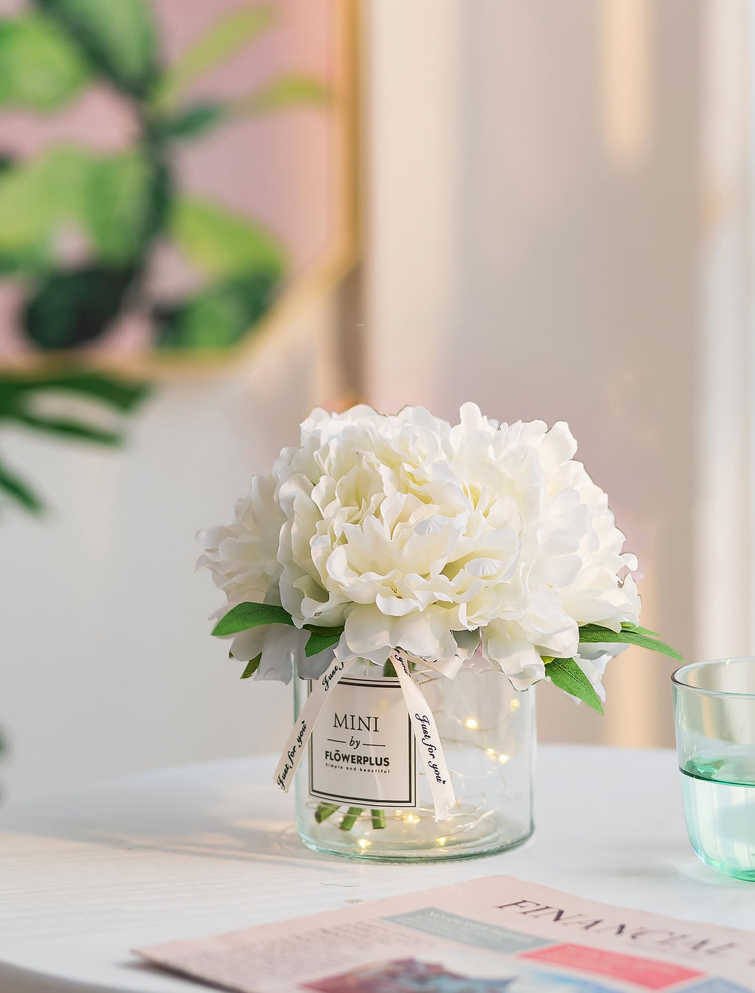 BLOSMON glass vase centerpiece with hydrangea and lights for shelf decor