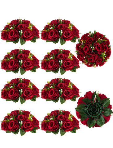 BLOSMON crimson rose ball centerpiece enhances table decor with timeless faux elegance
