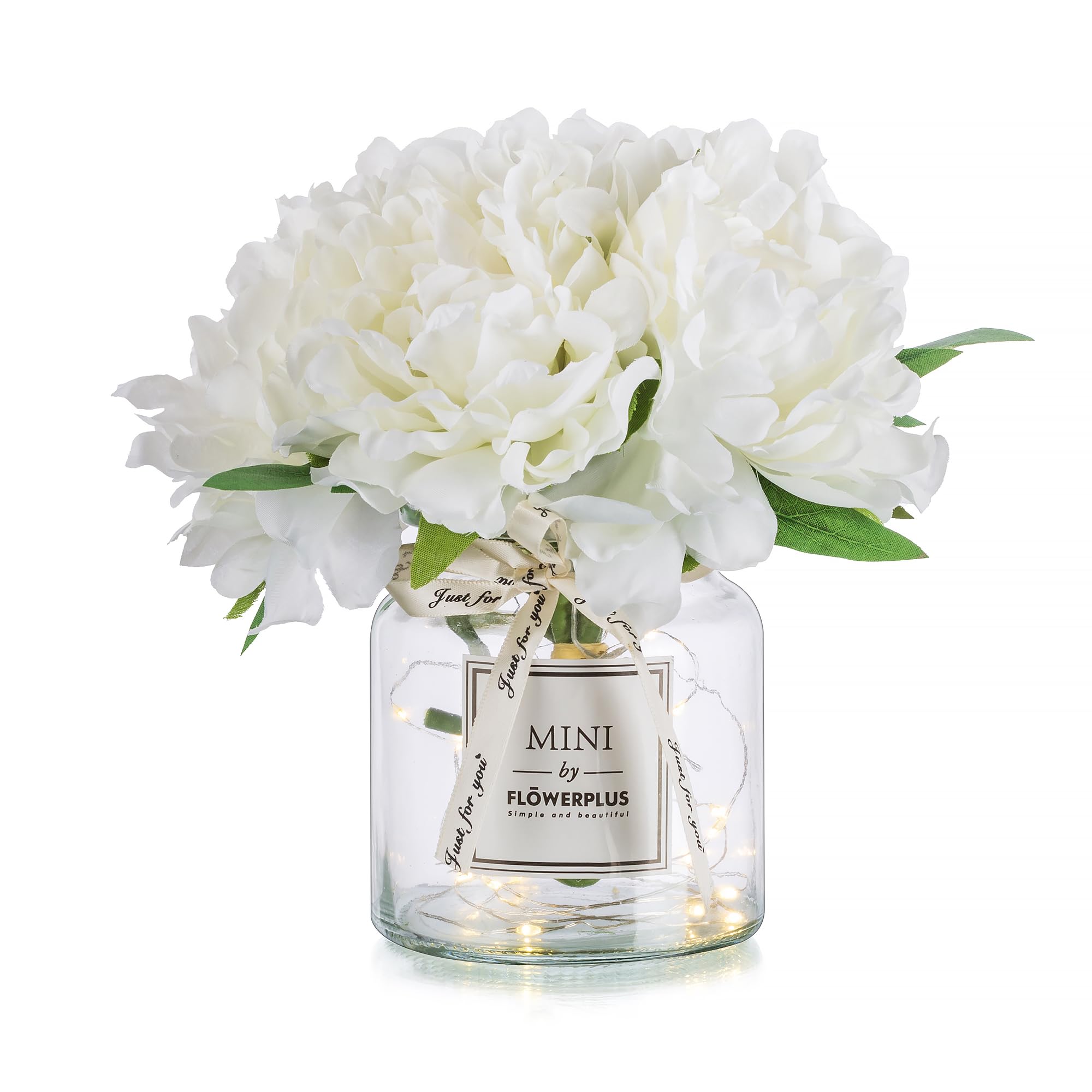BLOSMON white hydrangea centerpiece in glass vase with LED ambient light