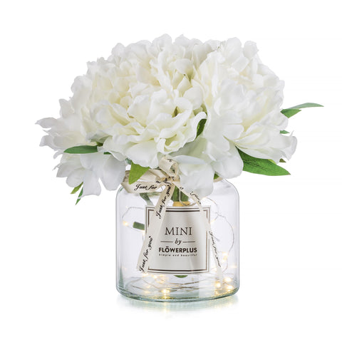 BLOSMON white hydrangea centerpiece in glass vase with LED ambient light