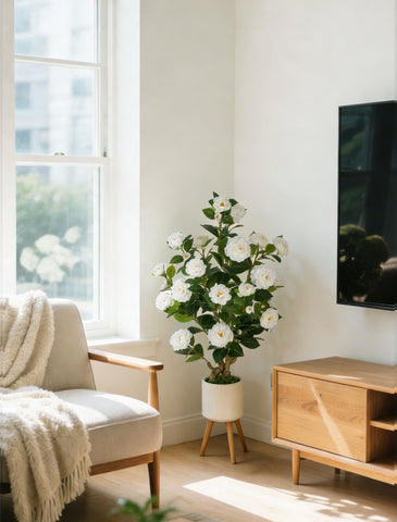 BLOSMON outdoor patio decor with twin faux camellia trees.