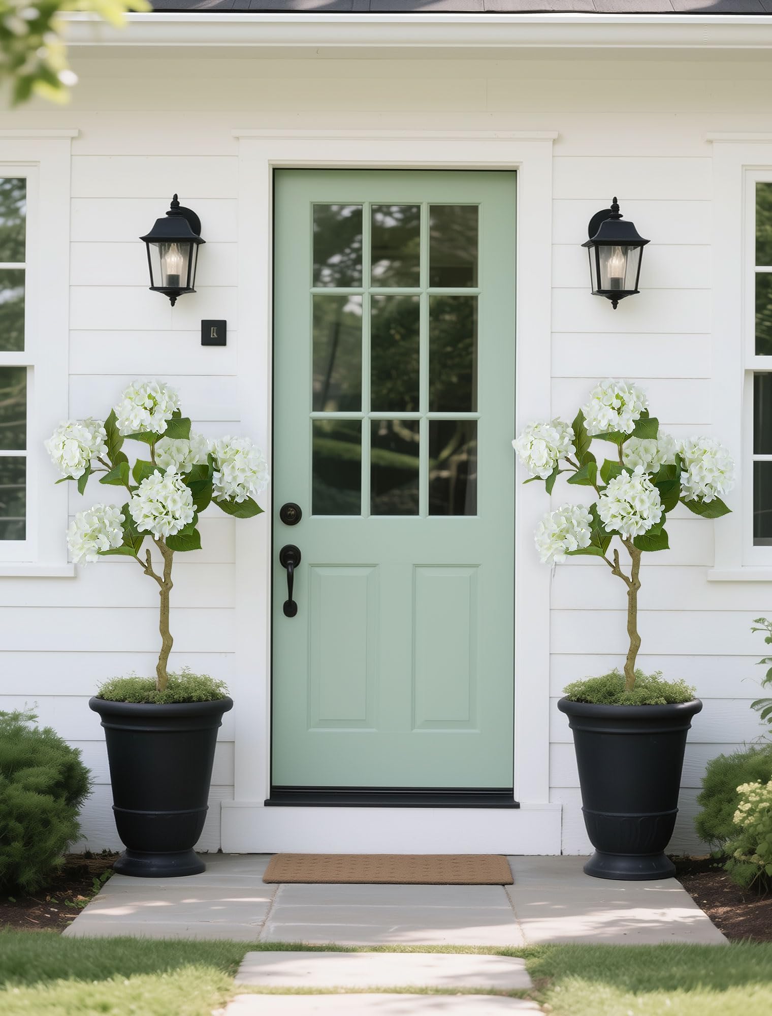 BLOSMON White Hydrangea Tree in a living room adds year-round charm.