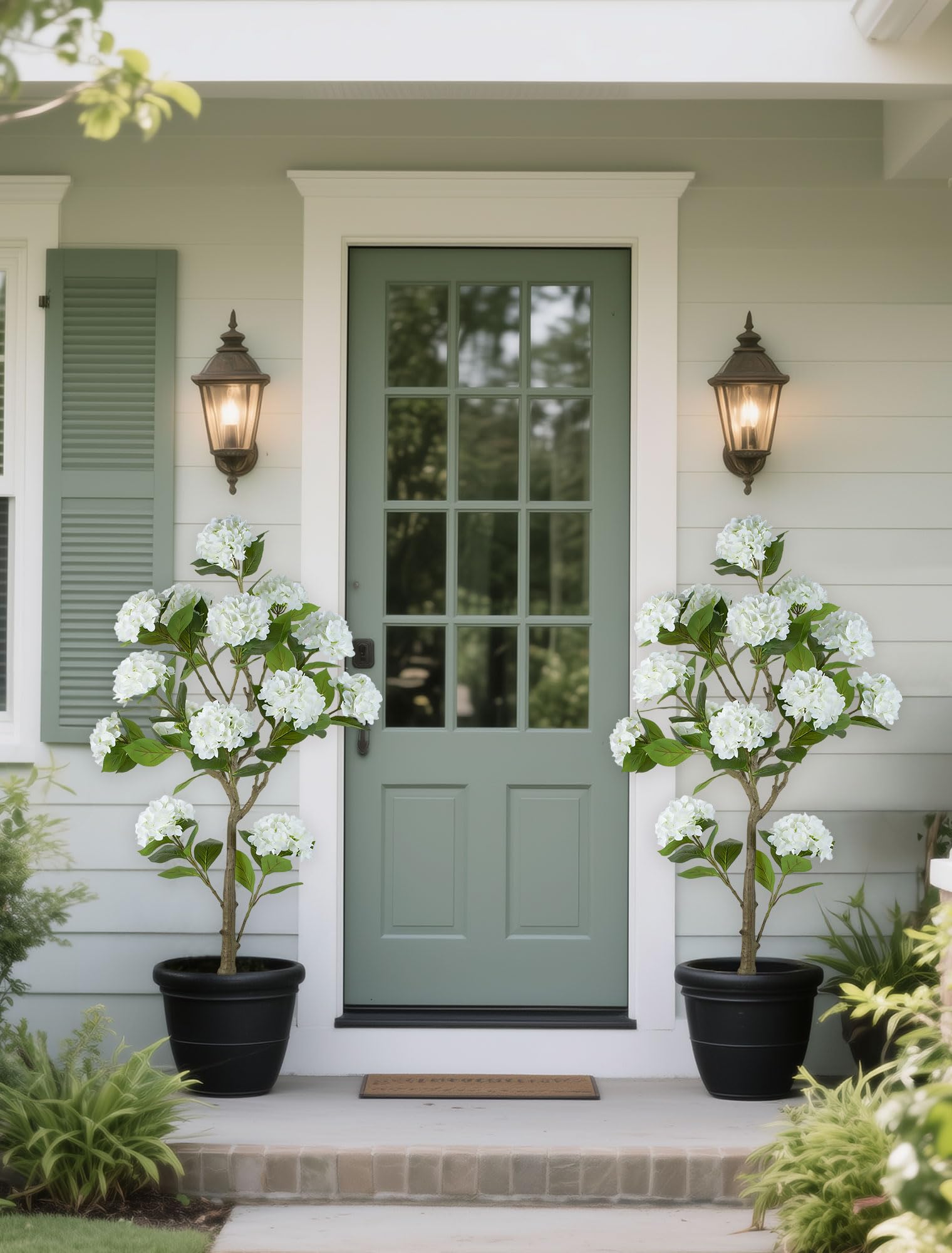 BLOSMON artificial hydrangea tree in pot enhances entry with low-maintenance charm.