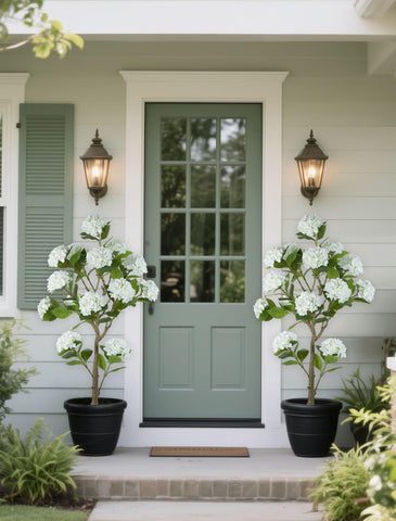 BLOSMON artificial hydrangea tree in pot enhances entry with low-maintenance charm.