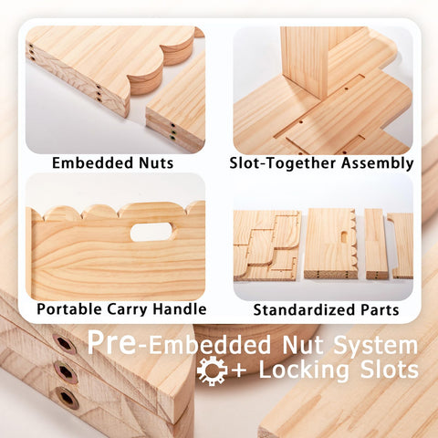 Blossome natural pine bookshelf fits compact spaces in nurseries, bedrooms, or classrooms.