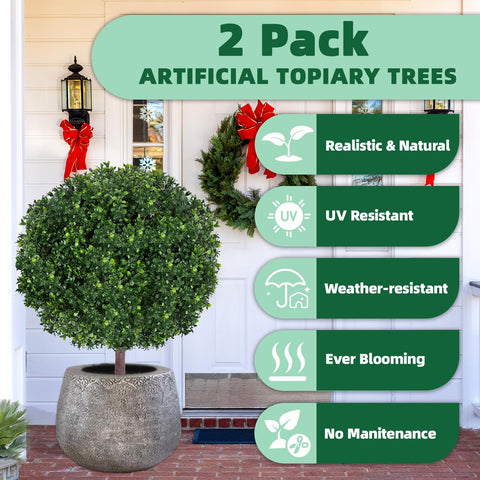 Bloyapix UV-resistant faux boxwood topiaries for durable outdoor entryway appeal.