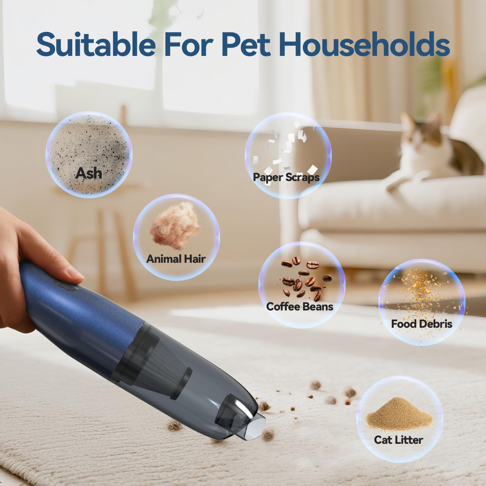 Blozor 2-in-1 nozzle targets pet hair and crumbs on furniture and car seats.