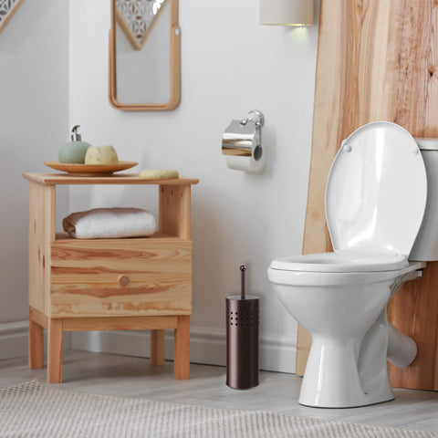 Blue Donuts compact plunger with holder saves space in small baths.