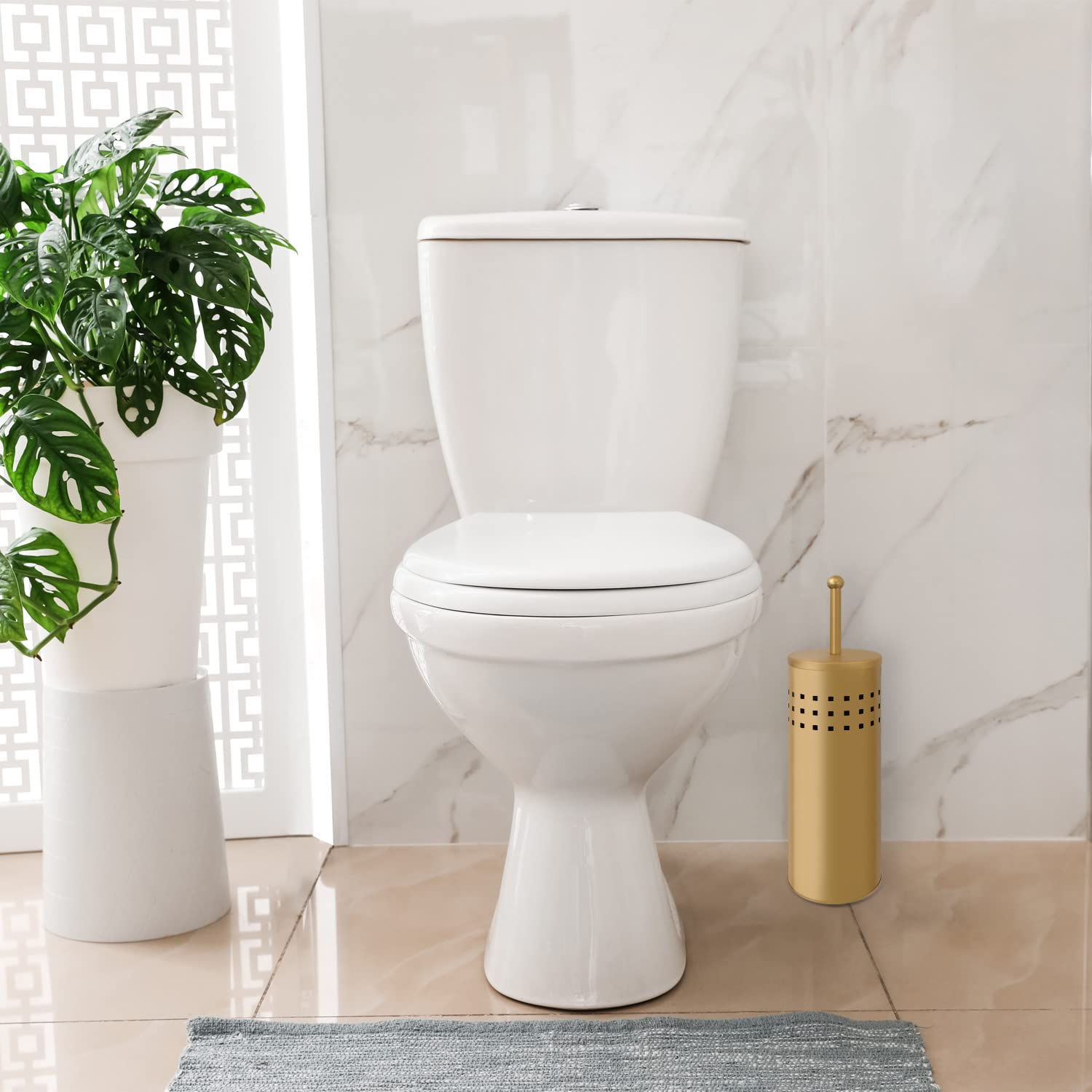 Blue Donuts holder and plunger shown in a neat, accessible bathroom setup.