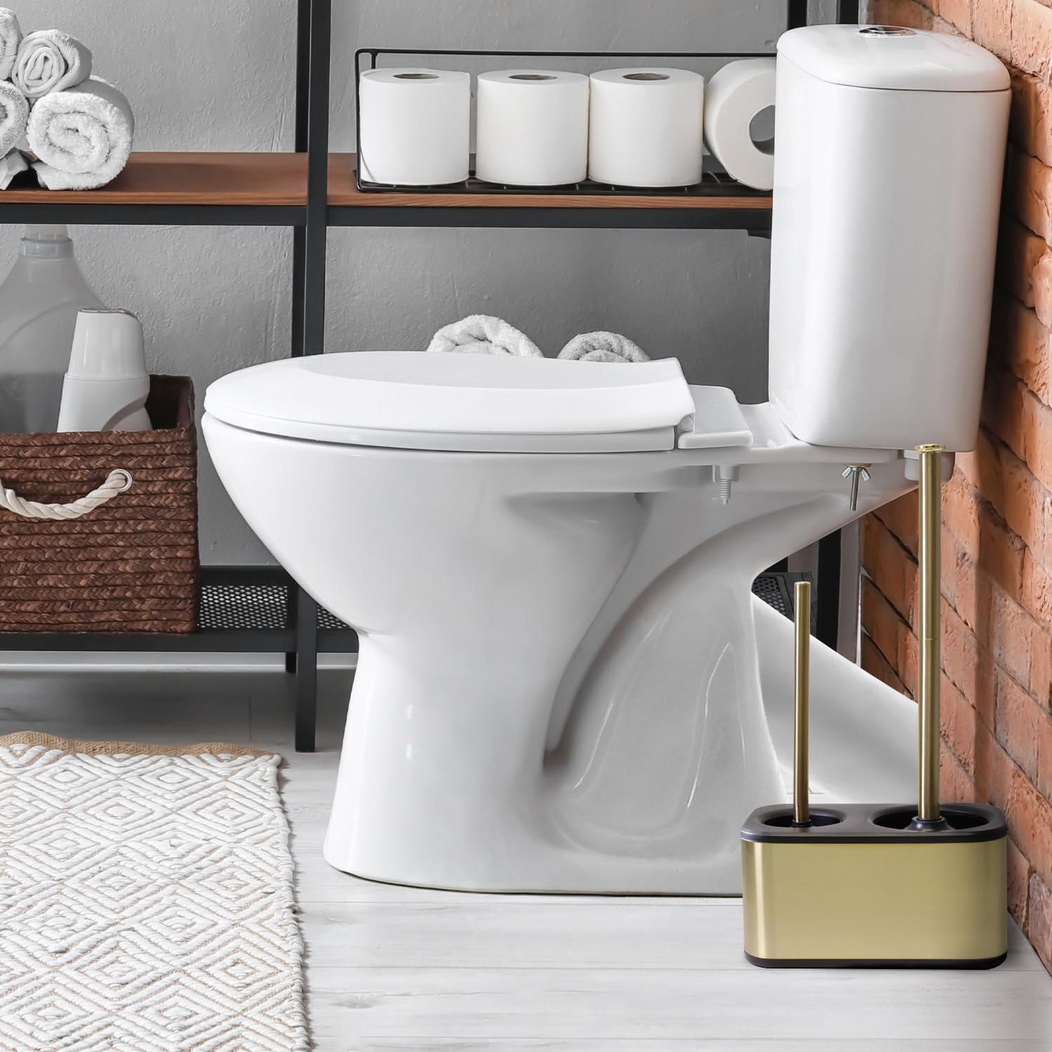 Blue Donuts minimalist-bathroom-setup-gold-finish demonstrates stylish space-saving design.