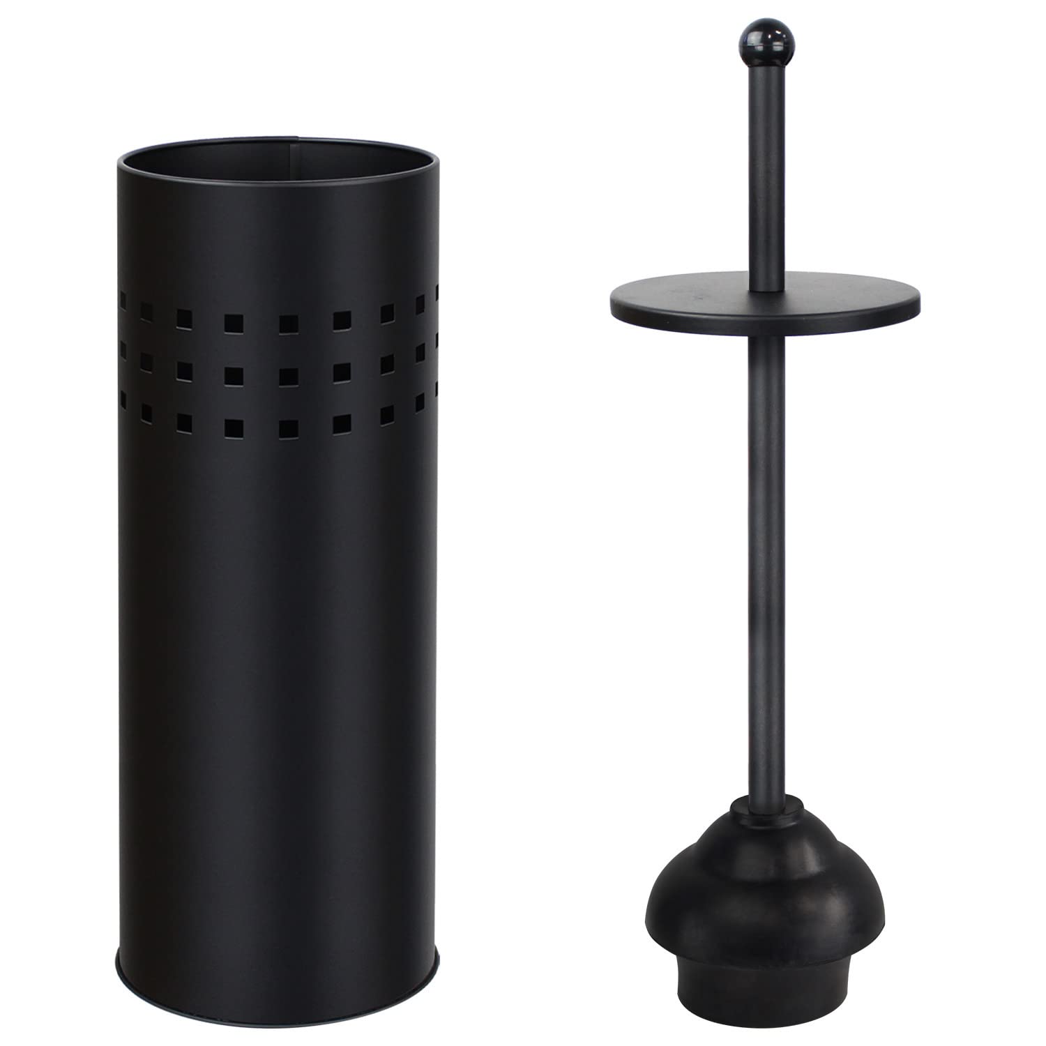 Blue Donuts toilet plunger with black holder for organized storage.