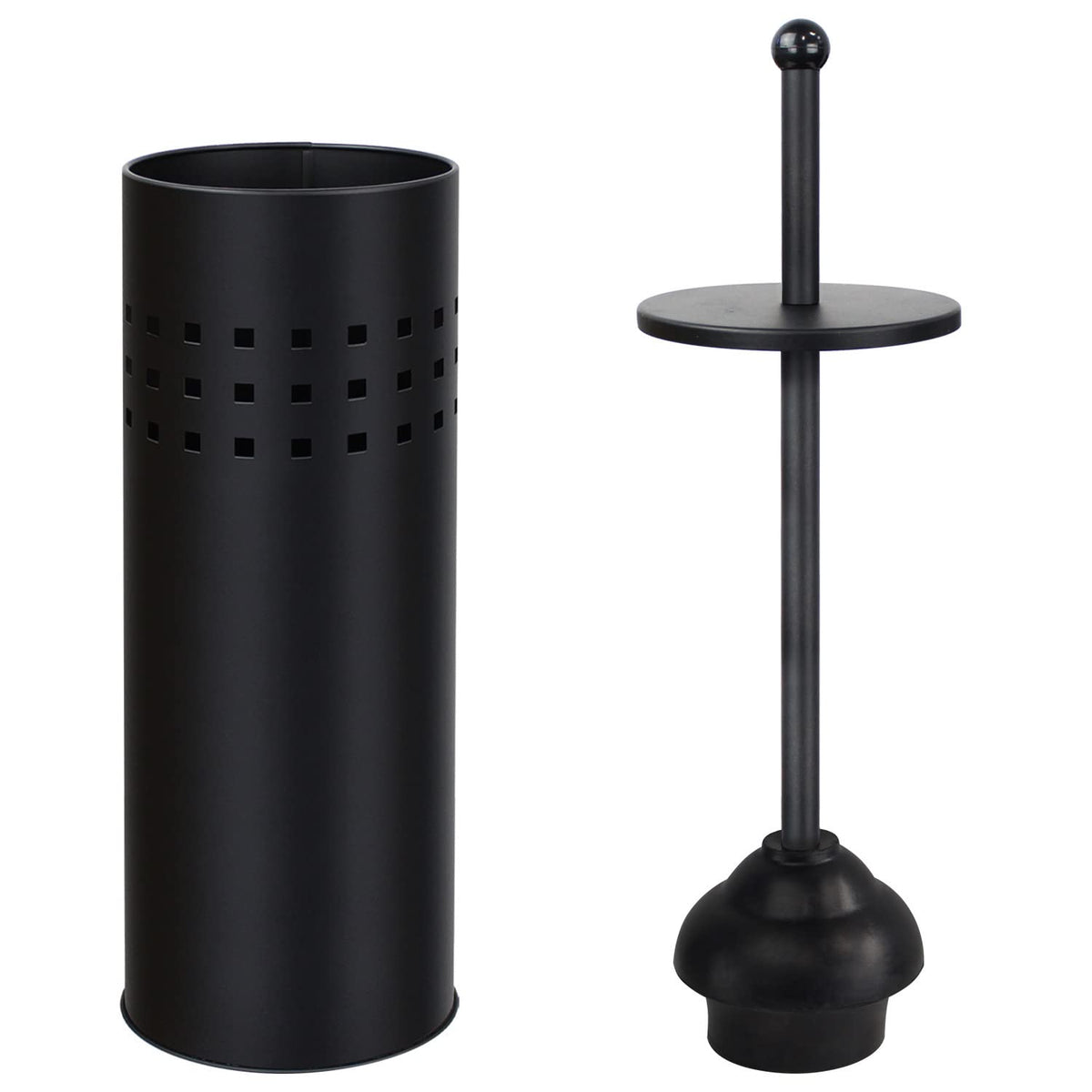 Blue Donuts toilet plunger with black holder for organized storage.
