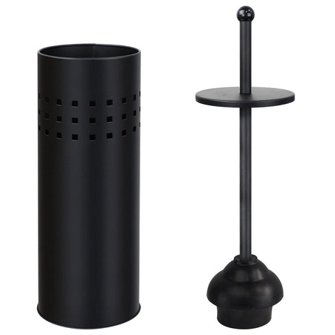 Blue Donuts toilet plunger with black holder for organized storage.
