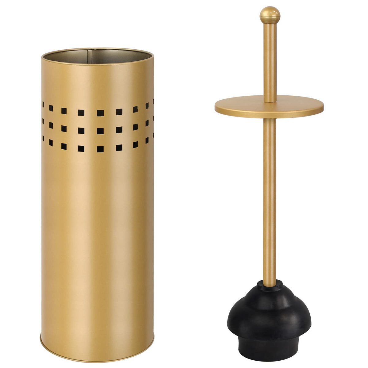 Blue Donuts toilet plunger with gold holder keeps the bathroom tidy and dry.