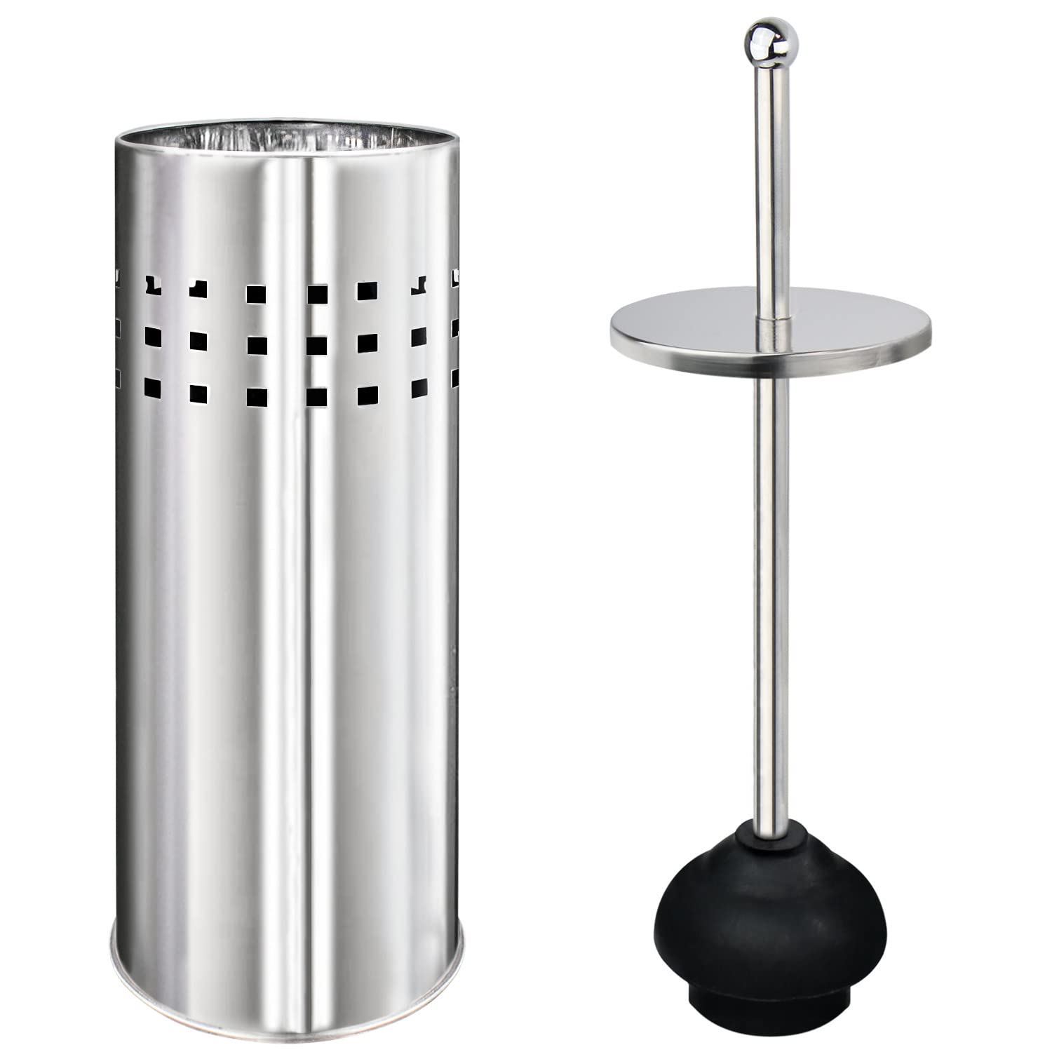 Blue Donuts chrome toilet plunger with holder keeps bathroom tidy.