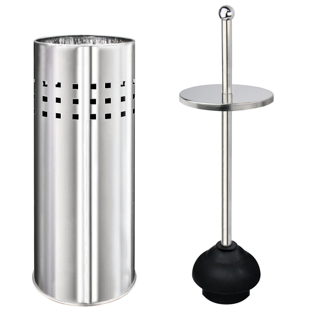 Blue Donuts chrome toilet plunger with holder keeps bathroom tidy.