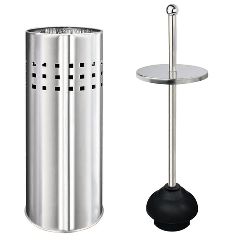 Blue Donuts chrome toilet plunger with holder keeps bathroom tidy.