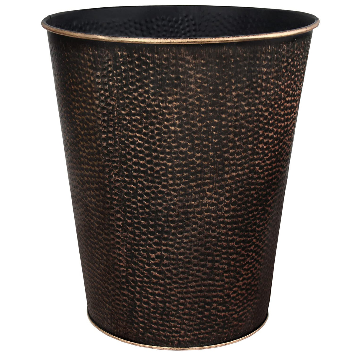 Blue Donuts wastebasket with bronze finish, ideal for compact spaces.