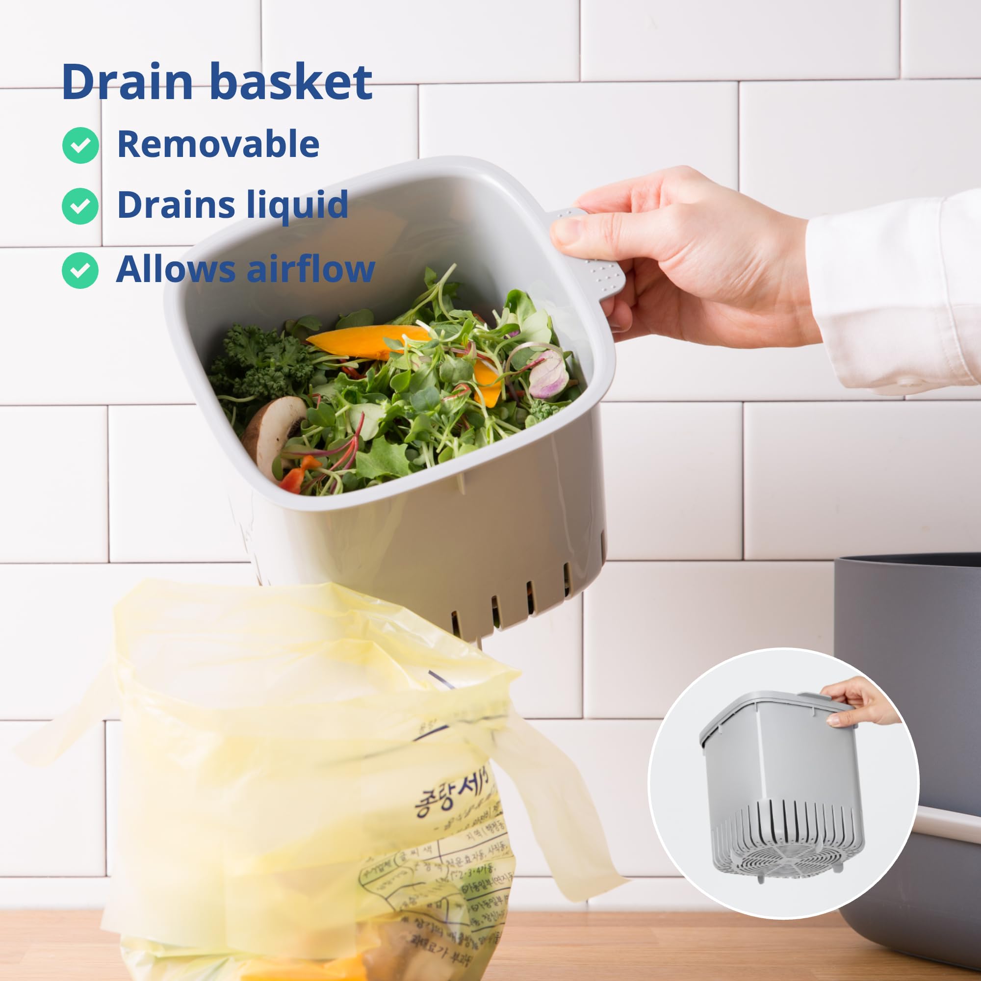 Blue Ginkgo compost bin dishwasher-safe plastic for simple maintenance.
