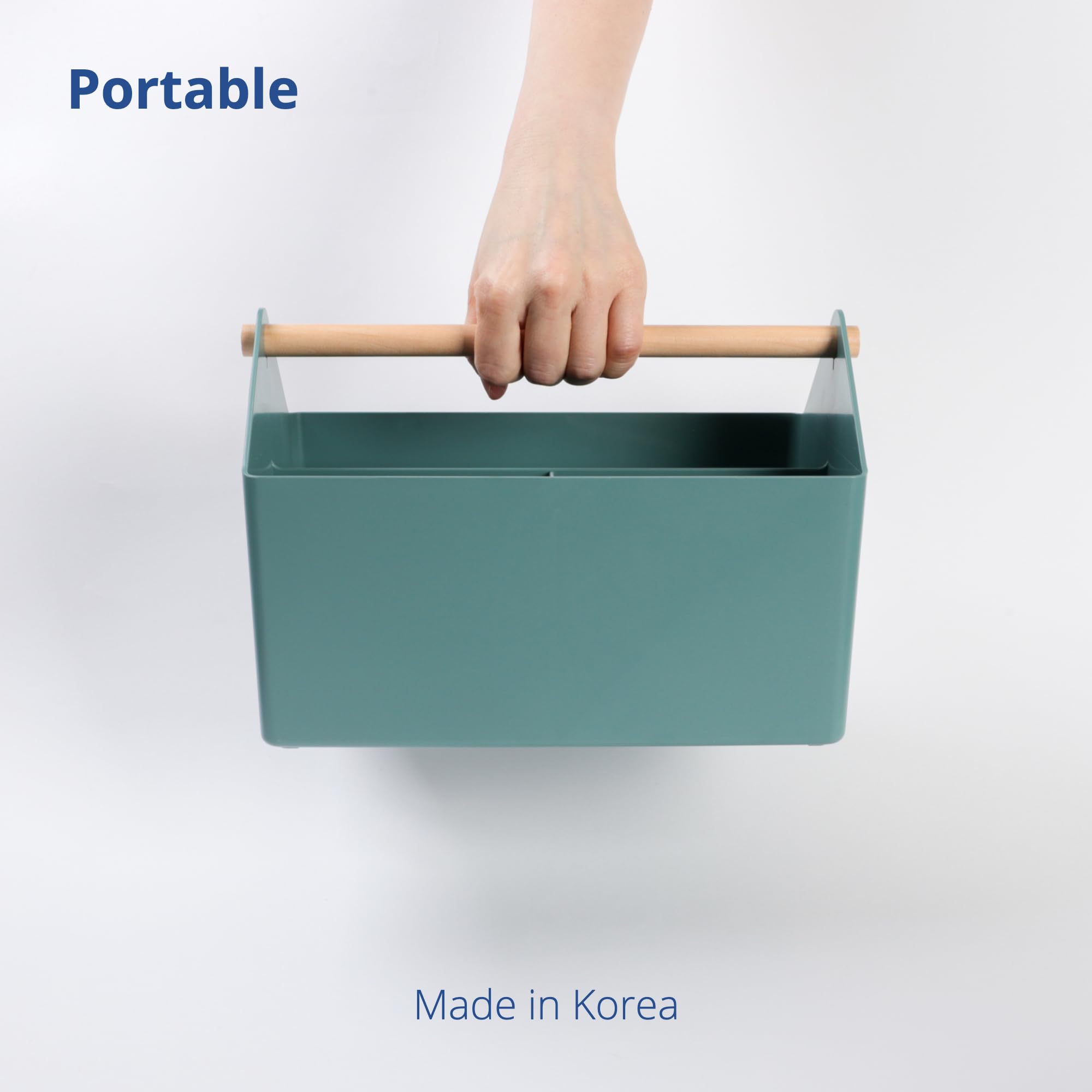 Blue Ginkgo kitchen caddy with wood handle for simple serving.
