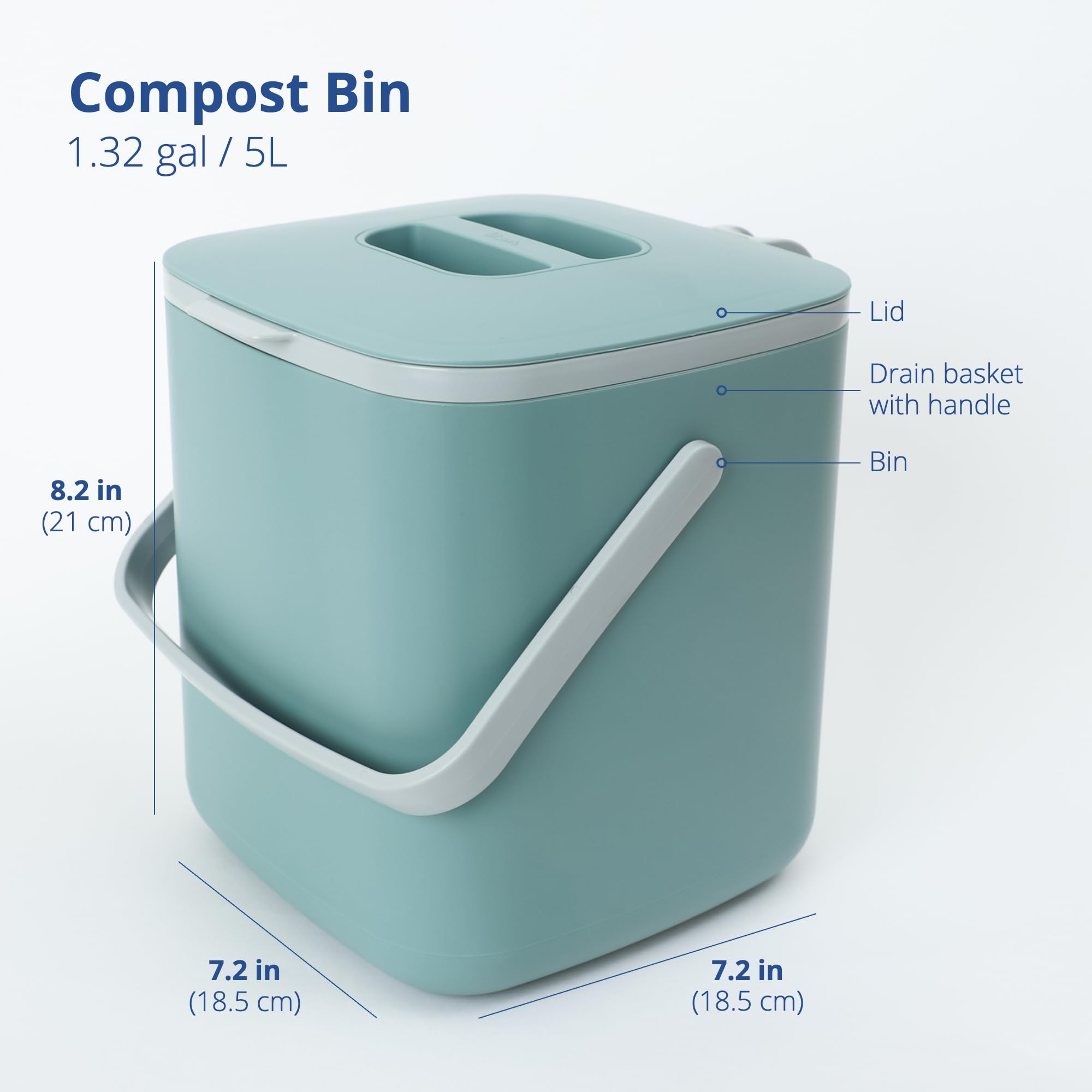 Blue Ginkgo compost bin lid closeup highlights odor containment feature.