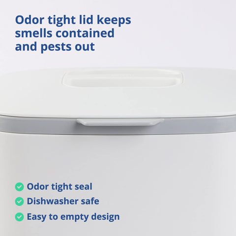 Blue Ginkgo white bin with odor-tight lid in a modern kitchen.