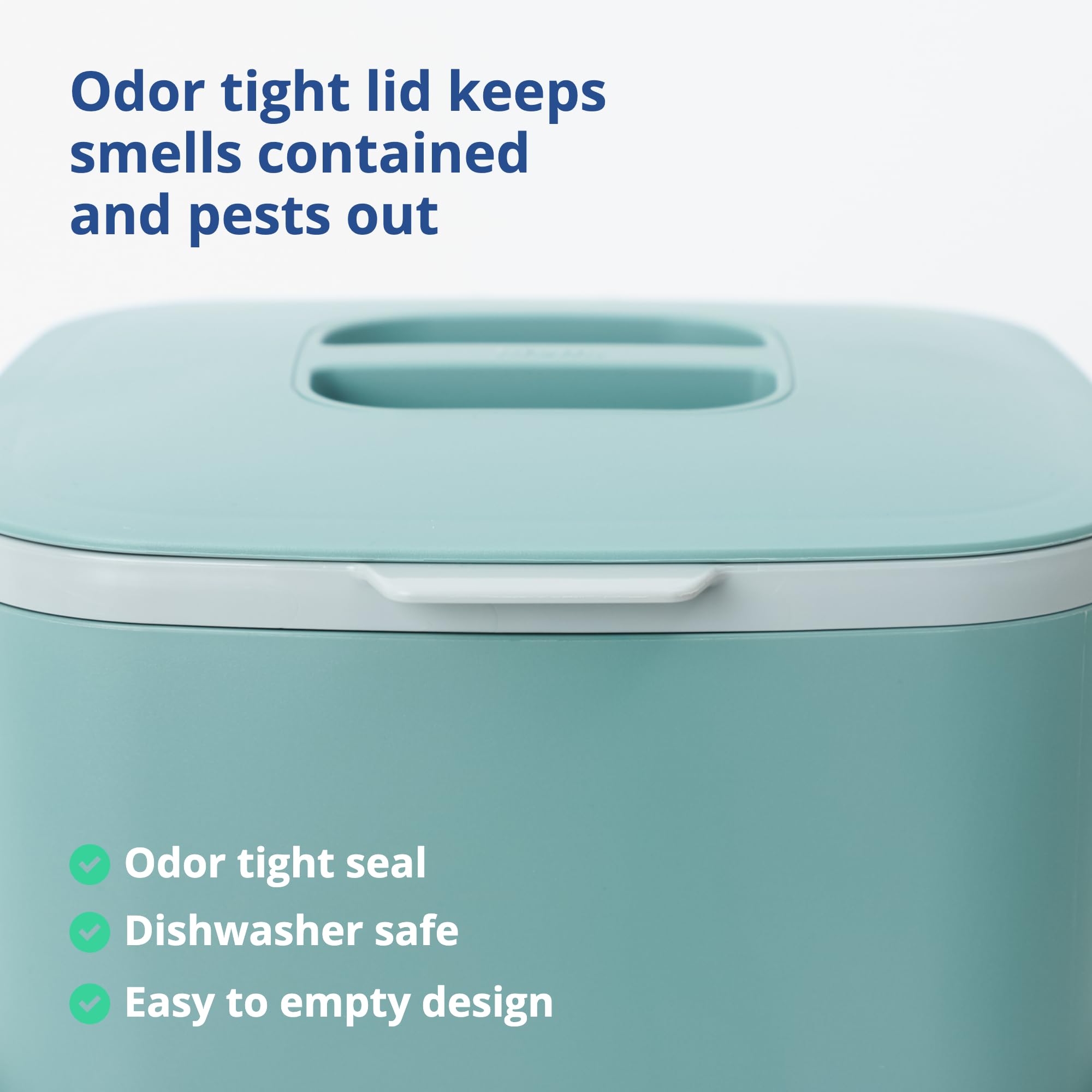 Blue Ginkgo compost bin with lid demonstrates tight seal for waste.