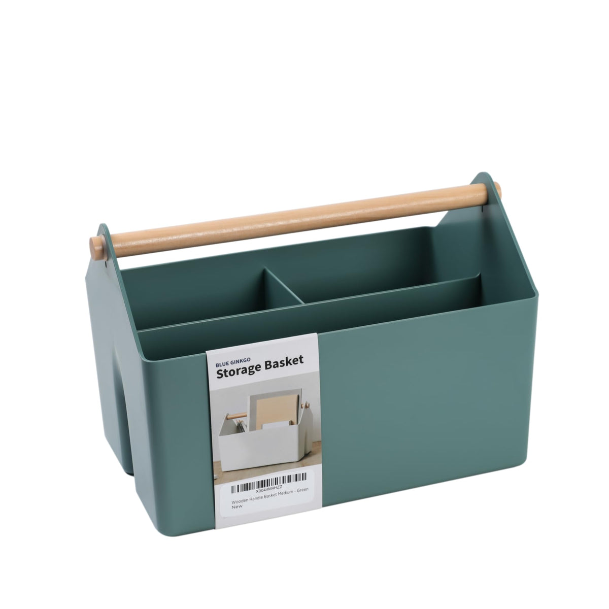Blue Ginkgo medium storage basket with wooden handle for easy transport.