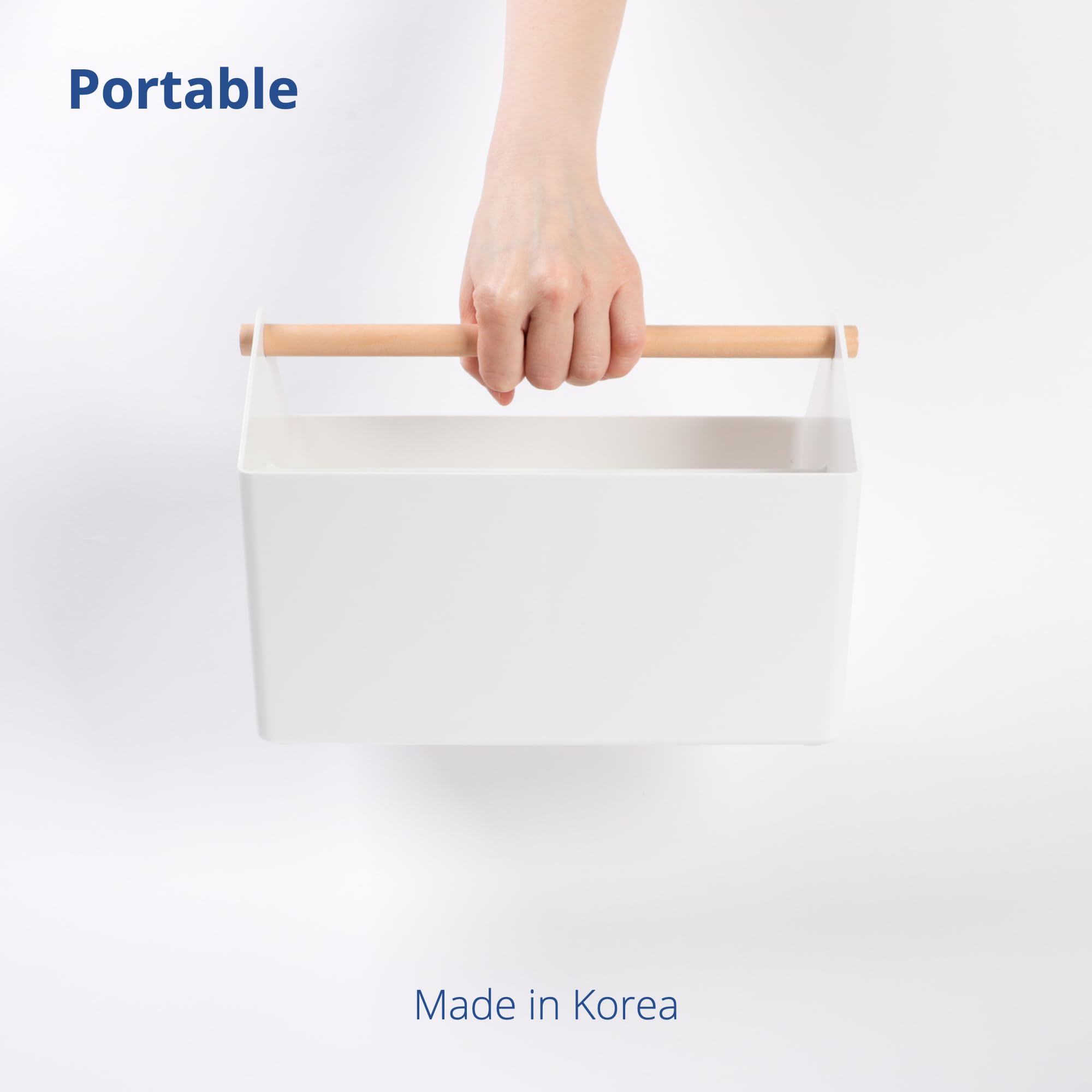BLUE GINKGO makeup storage basket discretely sorts cosmetics on a vanity.