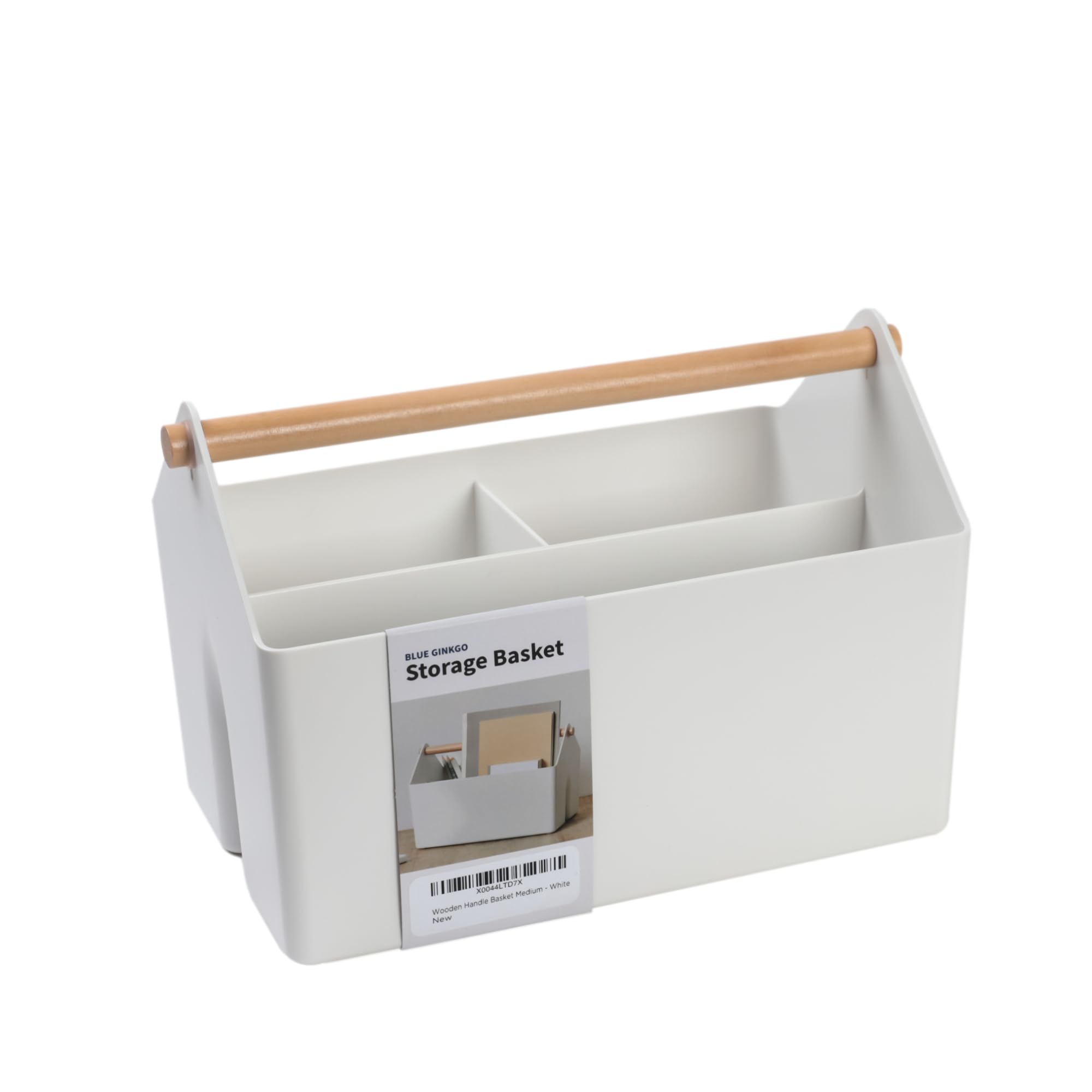 BLUE GINKGO medium storage basket with wooden handle for easy transport in office or home.