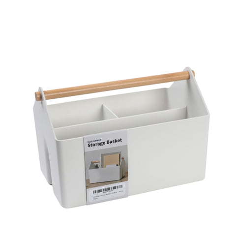 BLUE GINKGO medium storage basket with wooden handle for easy transport in office or home.