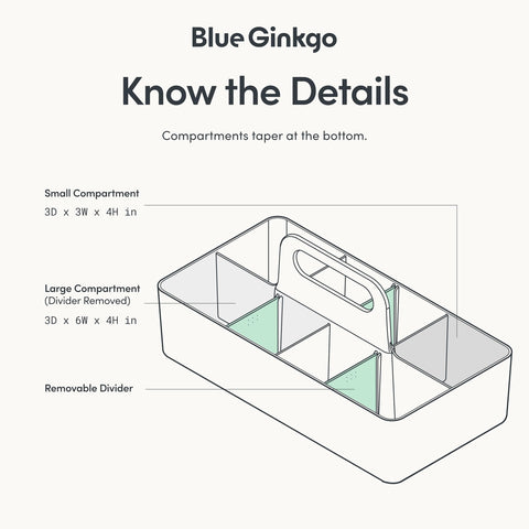 BLUE GINKGO caddy with three removable dividers for flexible organization.