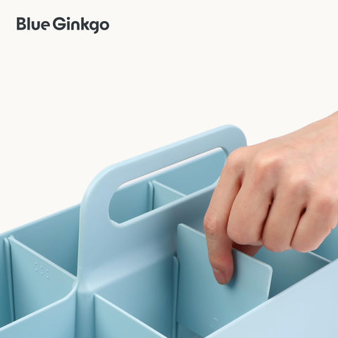 Blue Ginkgo stackable organizer caddy long-rectangle design fits desks bathrooms and classrooms.