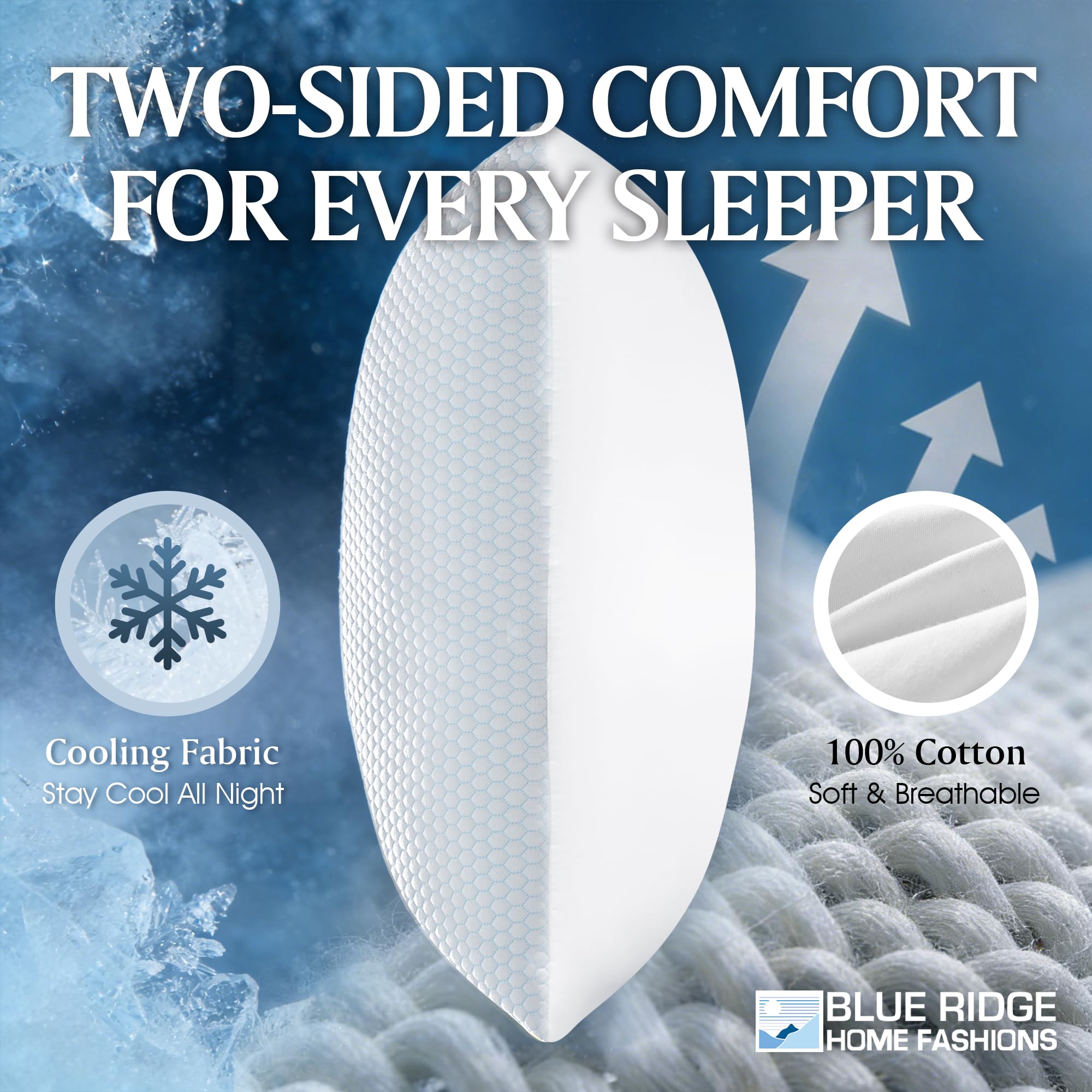 Blue Ridge cooling pillow fabric closeup shows breathable cotton balance for comfort.
