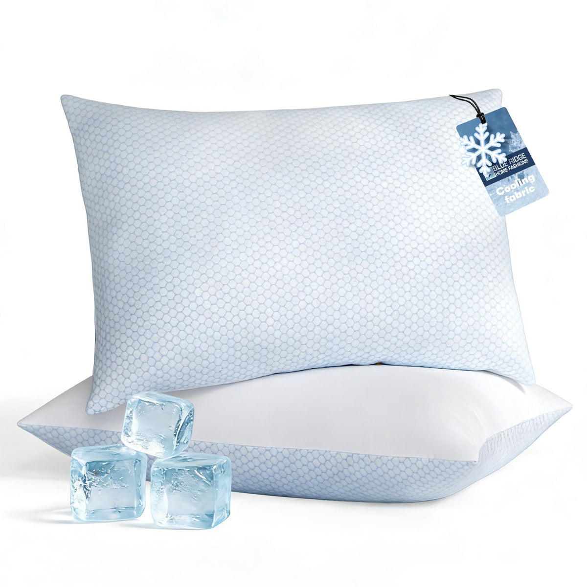 Blue Ridge cooling bed pillows, side view, for all-night comfort.