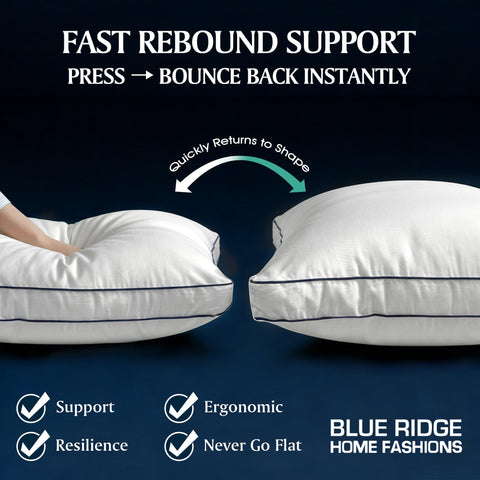 Blue Ridge gusseted design maintains loft and pillow shape overnight.