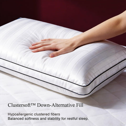 Blue Ridge Home Fashions queen pillow shows gusset edge for lasting loft.