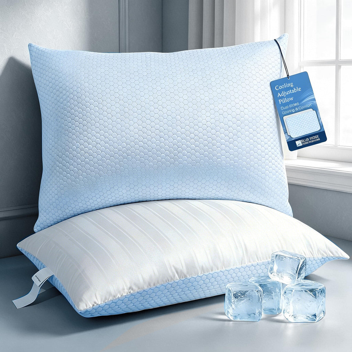 Blue Ridge Luxury Pillow with ice-silk side cools surface for hot sleepers