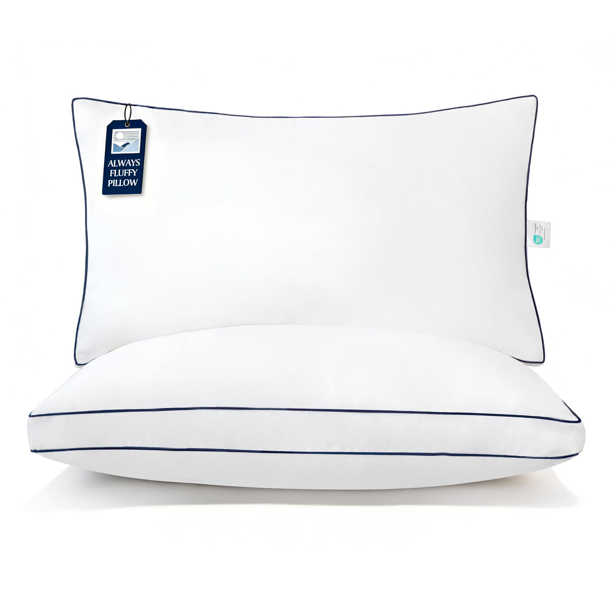Blue Ridge Home Fashions hotel pillows king 2-pack on bed offering lasting shape and plush support.