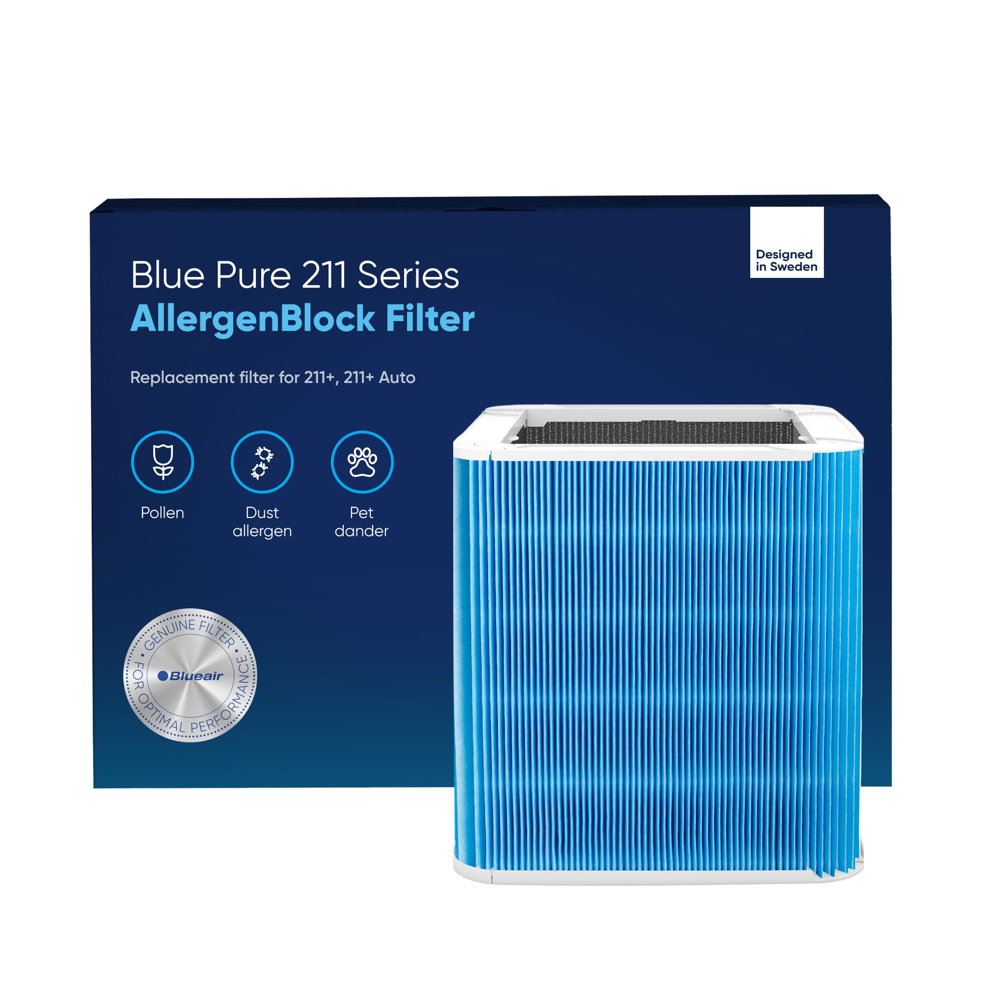 BLUEAIR Blue Pure 211+ AllergenBlock filter, front view, ready for quick replacement.